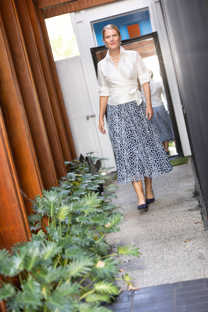 Grace Tea Length Lace Skirt - Midnight Blue and Ivory