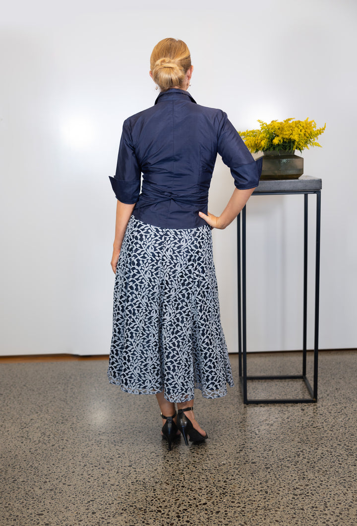 Grace Tea Length Lace Skirt - Midnight Blue and Ivory